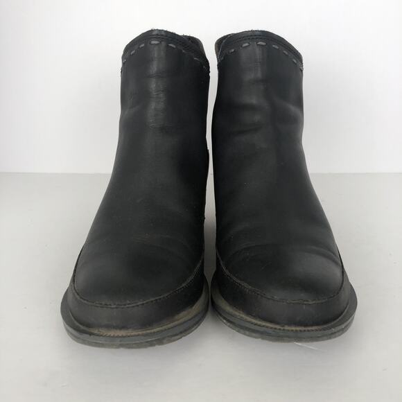 CHACO Fossil Ankle Boots Women’s 7.5 Black Leather Tassel Back Zip Stacked Heel - Picture 5 of 16